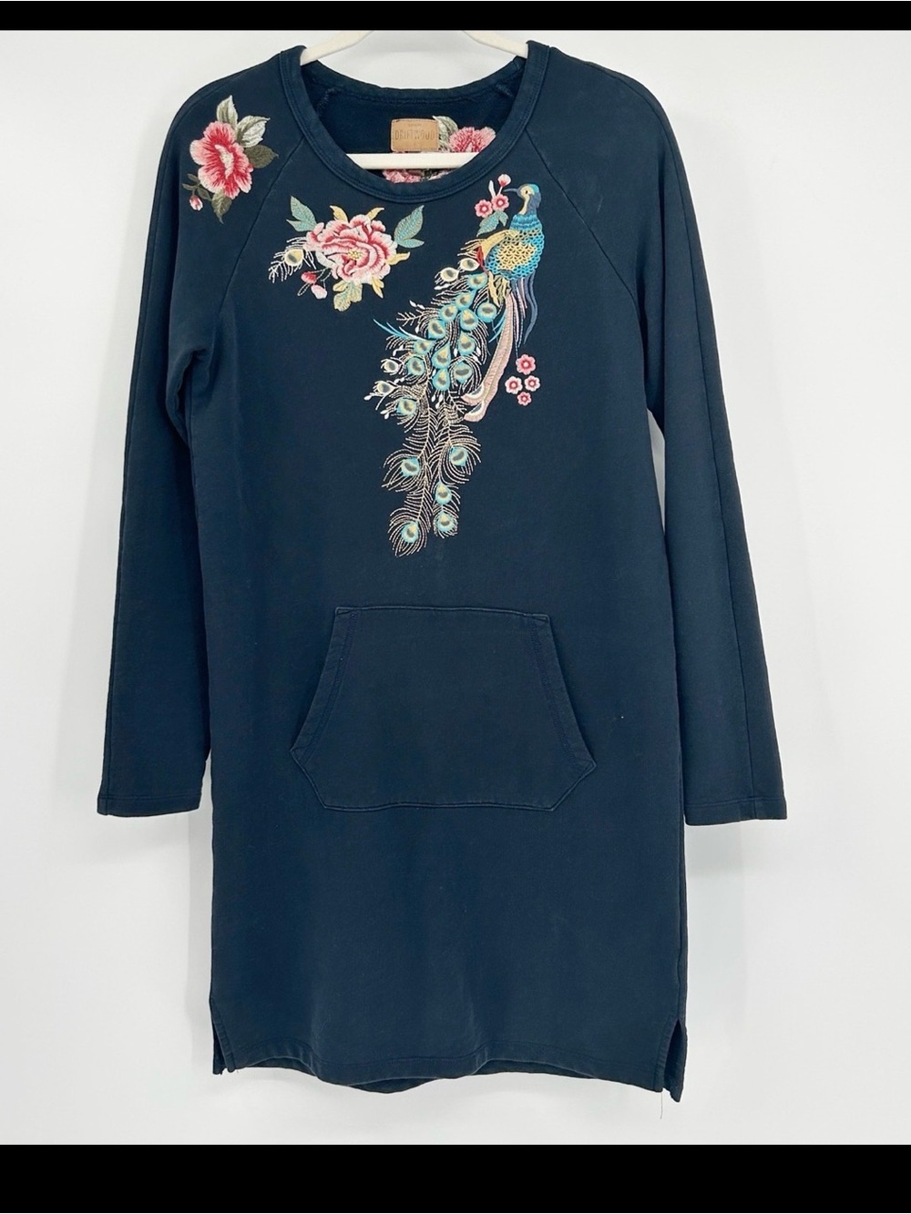 DRIFTWOOD Navy Sweatshirt Dress with Embroidered Peacock & Floral Motif